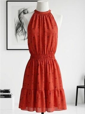 Wilfred| Aritzia| Red ‘Effet’ Halter Ruffled Mini Dress w/Black Pattern Sz XS